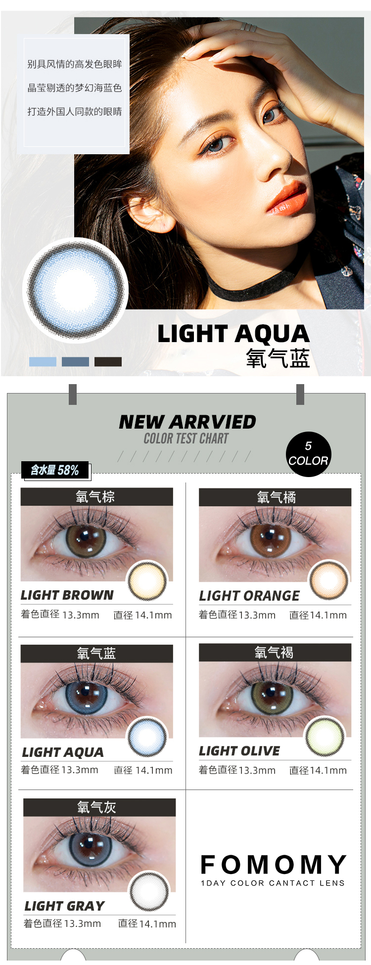 【日本直郵】FOMOMY Light 日拋美瞳 20枚 Light Aqua 氧藍（藍色系）著色直徑13.3mm 預定3-5天日本直髮 度數0