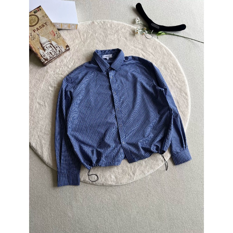 Royal Blue Plaid Drawstring Long-Sleeved Shirt for Men, American Retro Miu Style, High-End, Cool and Handsome College Style Shirt Royal Blue Plaid Drawstring Long-Sleeved Shirt for Men, American Retro Miu Style, High-End, Cool and Handsome College Style Shirt