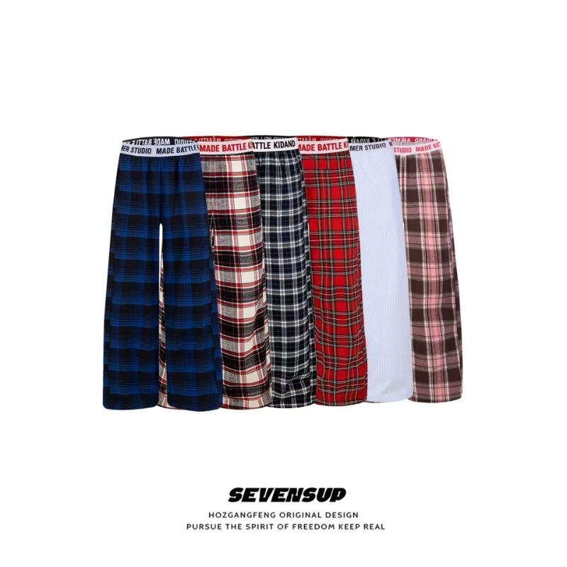American Retro Letter Patchwork Plaid Color-Blocking Casual Straight-Leg Pants Unisex Loose Wide-Leg Lazy Floor-Length Plaid Pants