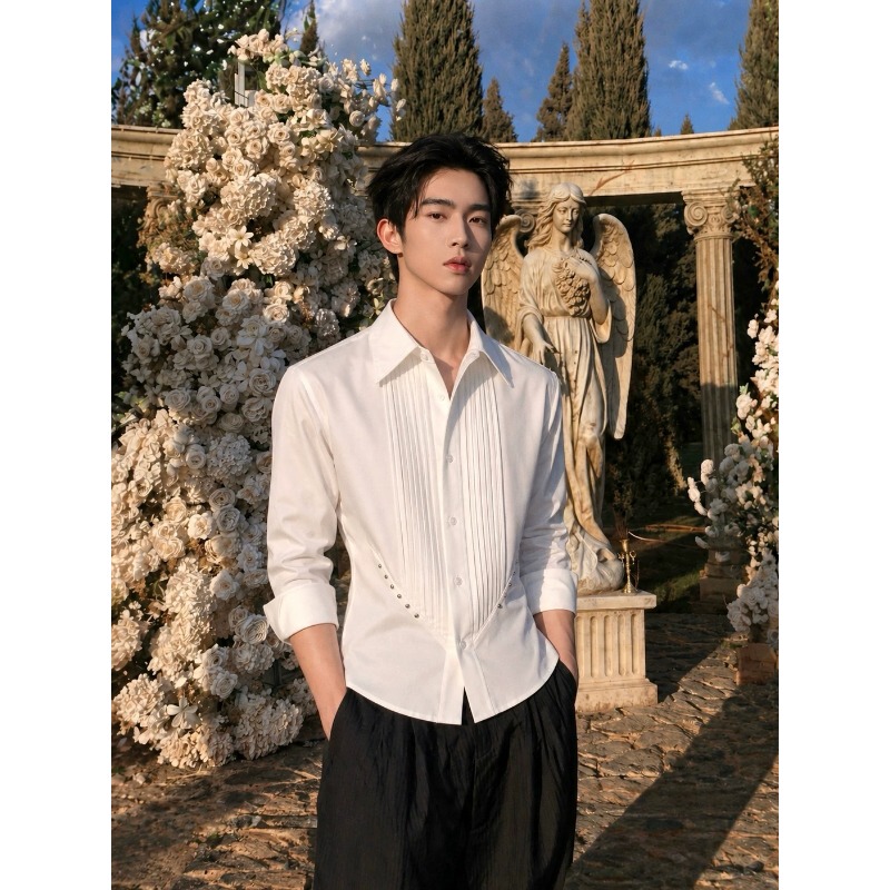 Fishbone Pleated Waist-Cinching Rivet Design Three-Quarter Sleeve Shirt for Men and Women, Elegant and Sophisticated Short White Shirt Fishbone Pleated Waist-Cinching Rivet Design Three-Quarter Sleeve Shirt for Men and Women, Elegant and Sophisticated Short White Shirt