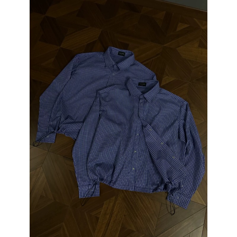 Miu Series Royal Blue Plaid Drawstring Lapel Long-Sleeved Boxy Short Wide Spring and Autumn Versatile Casual Plaid Shirt for Men