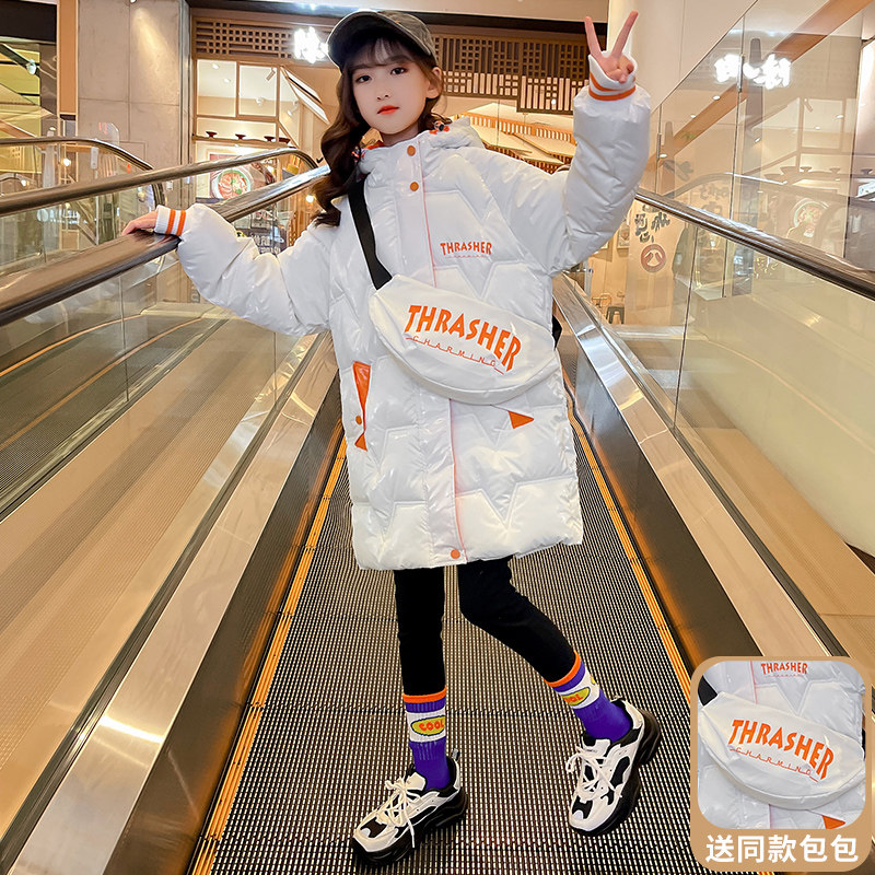 Girls' disposable cotton clothes winter clothes 2022 new children's bright surface thickened medium and long version fried street down cotton clothes Western style