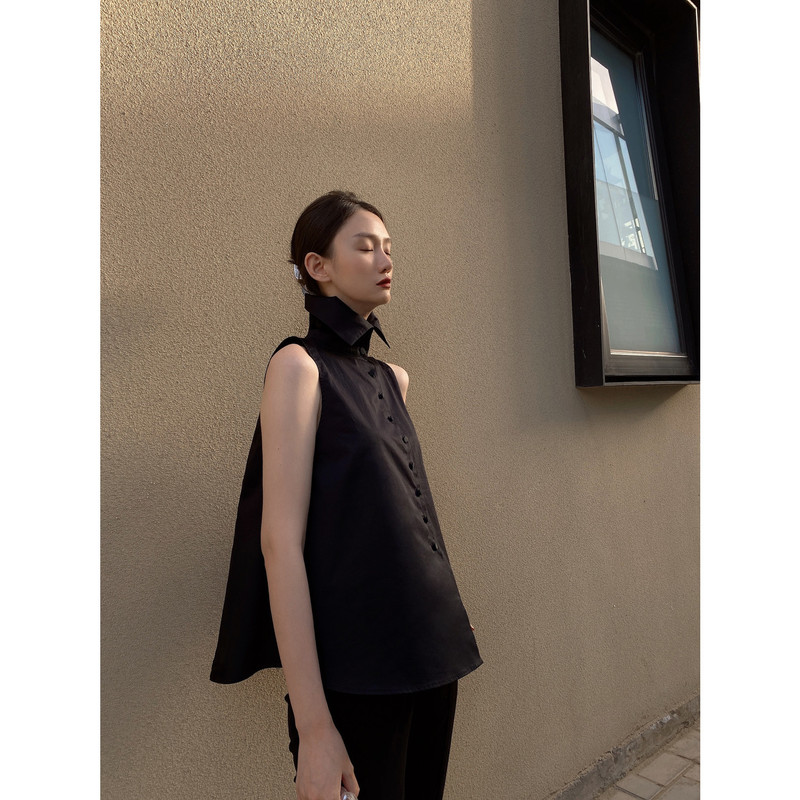 Noux Original Design Niche Chic Palace-Style High-Neck A-Line Top Vintage Striped Sleeveless Black Shirt for Women Summer