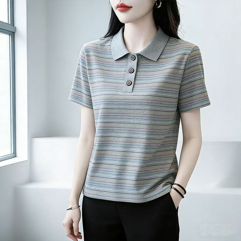 Fashionable Pure Cotton Striped Plus-Size Versatile Polo Shirt Short-Sleeve T-Shirt for Women, Summer, Middle-Aged, Loose, Slimming Half-Sleeve Top