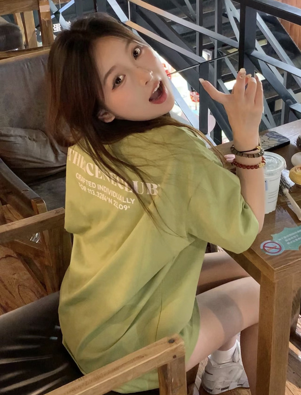 Avocado Green Pure Cotton Short-Sleeved T-Shirt for Women, Summer Letter Print, American Retro Half-Sleeve Mid-Length Top ins Trendy