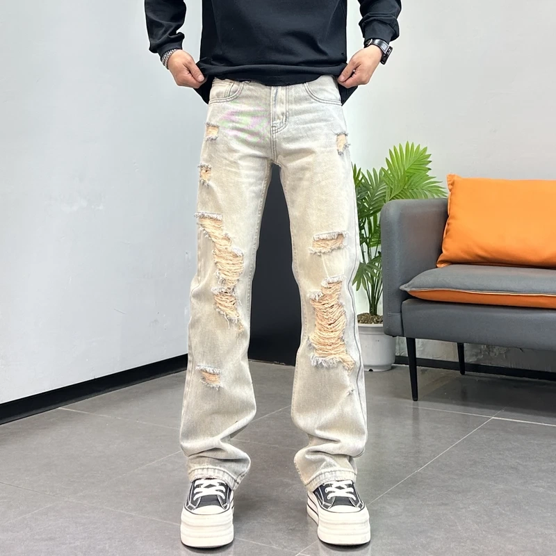Trendy American-Style New Ripped Jeans for Men 2026 Summer Fashion Straight-Leg Light-Colored Washed Long Pants