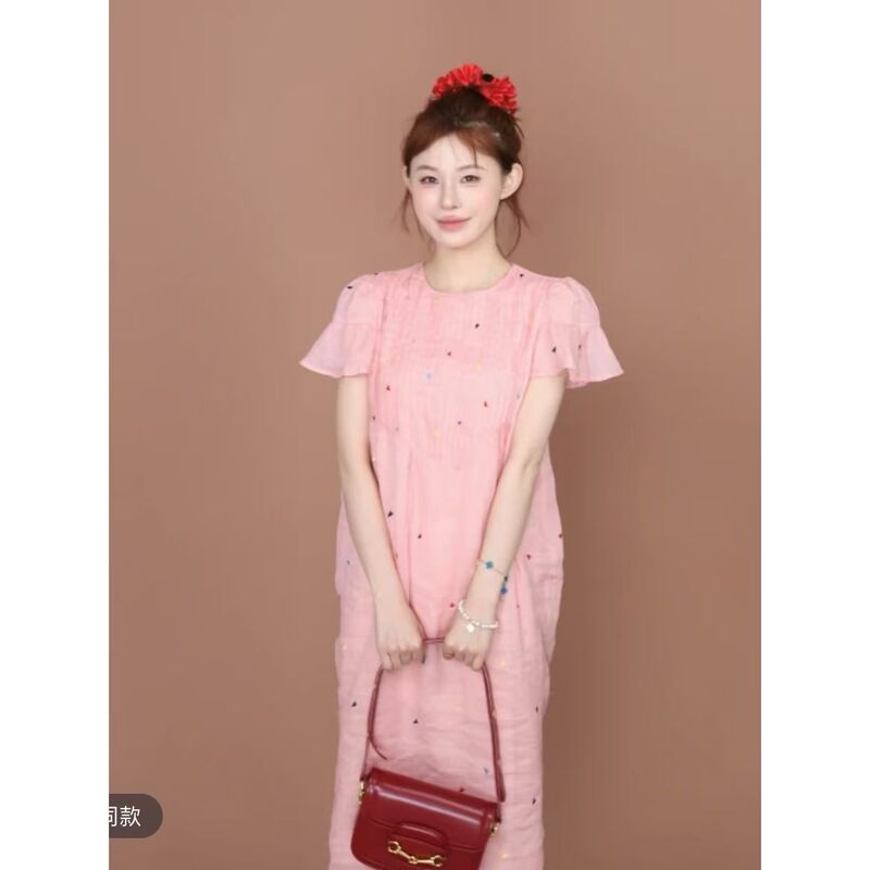 100% Ramie Flower Bud Dress with Sleeves, Heart Embroidery, Rich and Elegant Texture, Dress