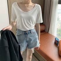 2021 new white short-sleeved t-shirt women thin design niche Korea ins tide solid color top copper ammonia silk MM