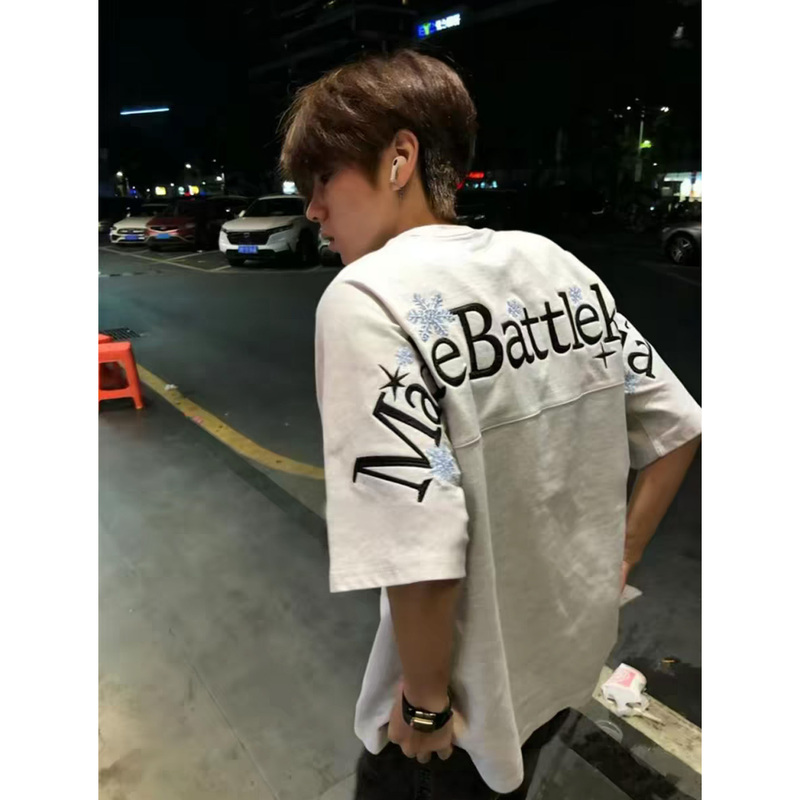 Heavyweight American High Street Snowflake Embroidered Letter Short-Sleeve T-Shirt for Men, Summer Loose Trendy Brand Couple Half-Sleeve Top