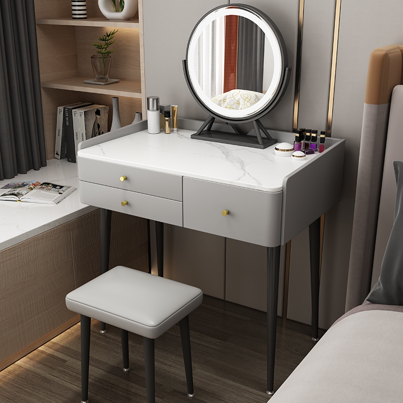 Nordic Solid Wood Rock Board Makeup Bench Small Family Type Bedroom Modern Minimalist Accommodating Cabinet Light Lavish Mini Bedside Make-up Table