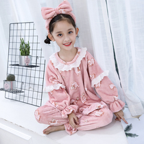 Girl flannel padded pajamas autumn and winter Childrens Home clothing warm coral velvet baby Princess suit