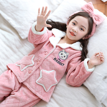 Childrens flannel pajamas autumn and winter girls coral velvet thickened suit big child Princess little girl home clothes