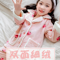 Childrens pajamas female autumn and winter girl flannel thickened baby big girl coral velvet princess home suit suit