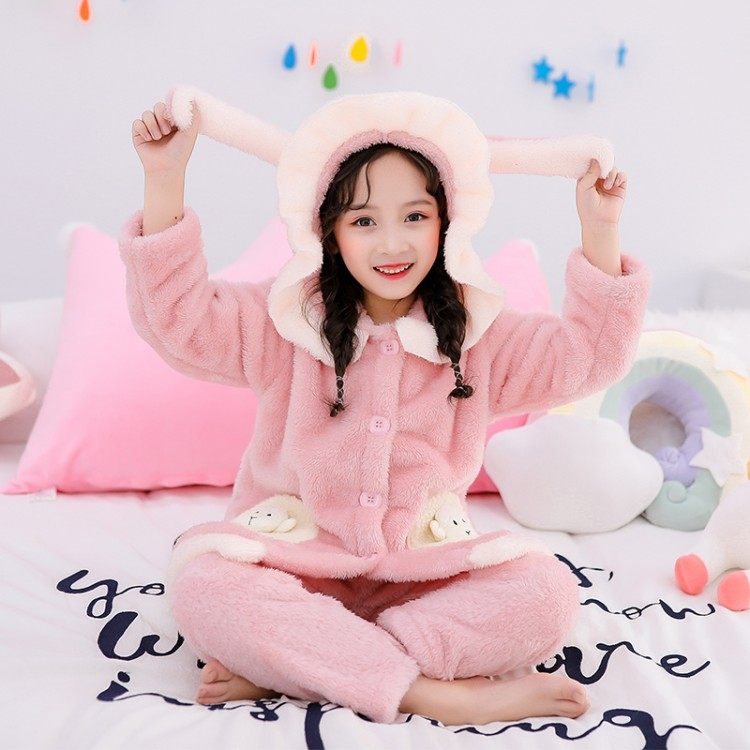 Children's coral velvet girls pajamas autumn and winter flannel girls big girls home clothes middle and big children padded suit