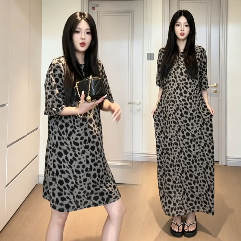 Maternity Wear, Summer Thin Style, Round Neck, Short-Sleeved, Mid-Length Dress, Loose-Fitting, Over-The-Knee Skirt, Relaxed and Lazy Style