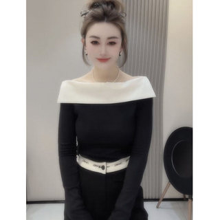 欧洲站黑色打底衫女长袖春秋女装一字肩小衫T恤黑白撞色内搭上衣