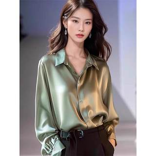 醋酸缎面衬衫女长袖春秋季女装内搭别致上衣职业面试法式垂感衬衣