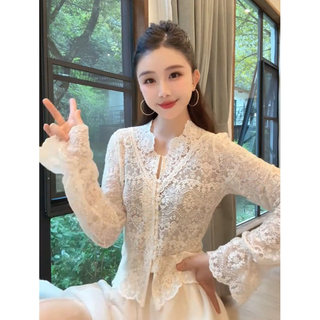 法式V领蕾丝衬衫女长袖春秋季女装漂亮小衫优雅风上衣高级感衬衣