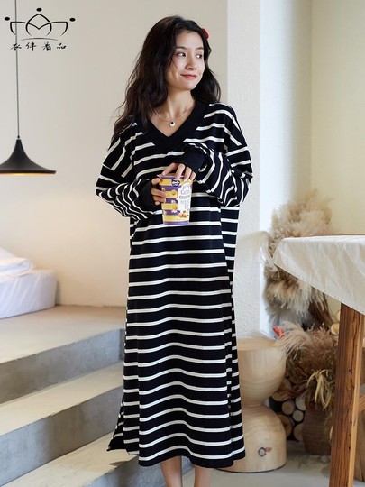 Victoria Nightgown for Women with Breast Pads, Pure Cotton, Long Striped Long-Sleeved Plus-Size Pajamas, Korean Style Casual Loungewear