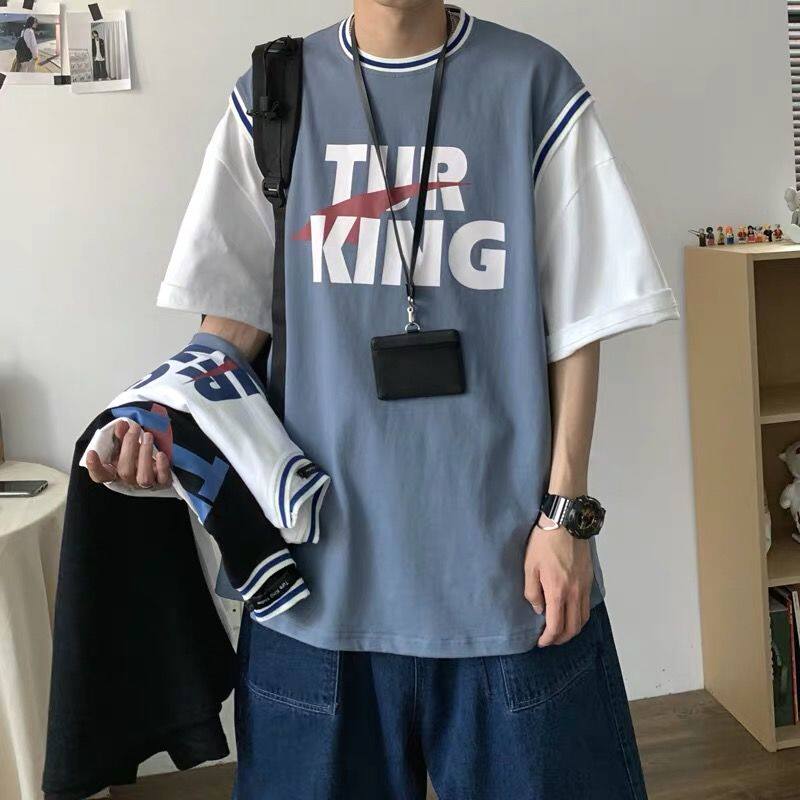 Basketball Suits Summer Print Fake two T-shirts Men's Han version Students Loose Tide Cards 100 Ride Port Wind Clothes Short Sleeves
