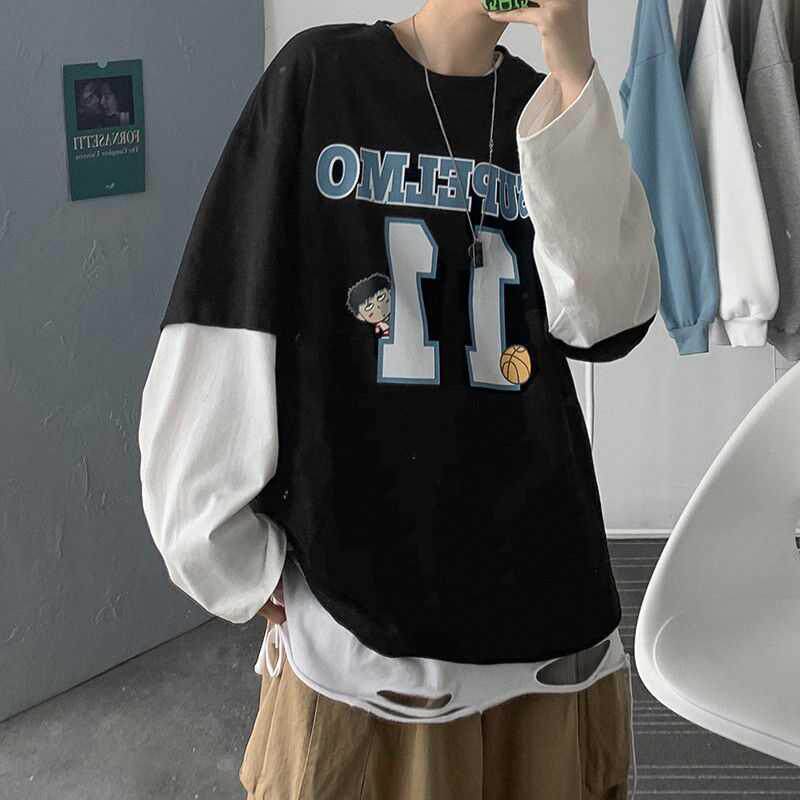 Basketball clothing Hong Kong style Harajuku trend printing fake two-piece long-sleeved T-shirt students all-match sports top sweater autumn