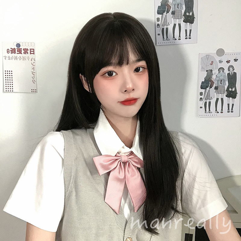 Manzu wig hair long straight hair simulation scalp natural Net red face repair lolita cute jk black brown fake hair