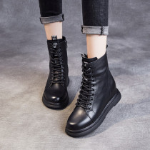 Genuine Leather Short Boots Woman Shoes Autumn Winter New Head Layer Bull Leather Thick bottom Martin boot Inside Heightening Single Boot Plus Suede Cotton Shoes