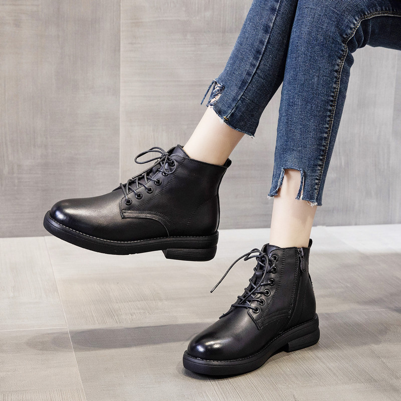 Leather platform boots women's fall/winter 2022 new front layer cowhide Martin boots soft sole British style flat leather boots