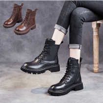 Real leather short boots woman 2021 autumn new round head retro Martin boots heel thick bottom single boot winter gush cotton shoe damp