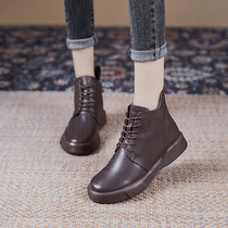 Real leather short boots women shoes autumn winter single boots flat bottom 100 lap low to help cow leather soft-bottom Martin boots with small skinny boots