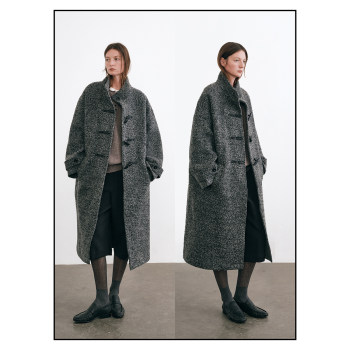 shyshy全羊毛挡风立领长款圈圈毛牛角扣双色大衣外套