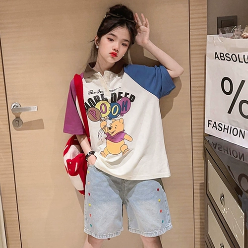 Джинсовая юбка, летний комплект, детские тонкие штаны, футболка с коротким рукавом, подходит для подростков