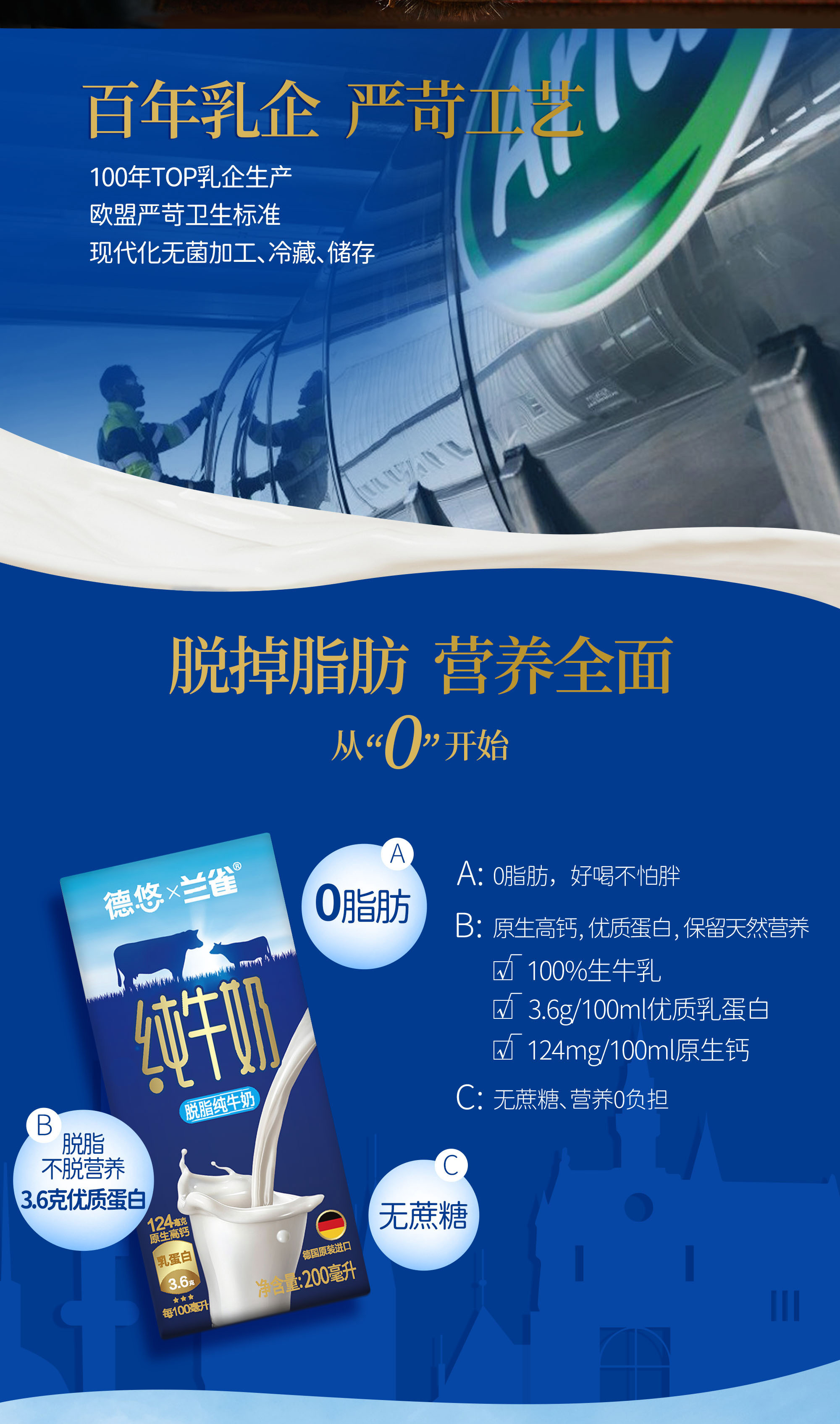 德国进口 德悠 兰雀 联名款 脱脂高钙纯牛奶 200ml*24盒 双重优惠折后¥34.86包邮 德国进口 德悠 兰雀 联名款 脱脂高钙纯牛奶 200ml*24盒 双重优惠折后¥34.86包邮