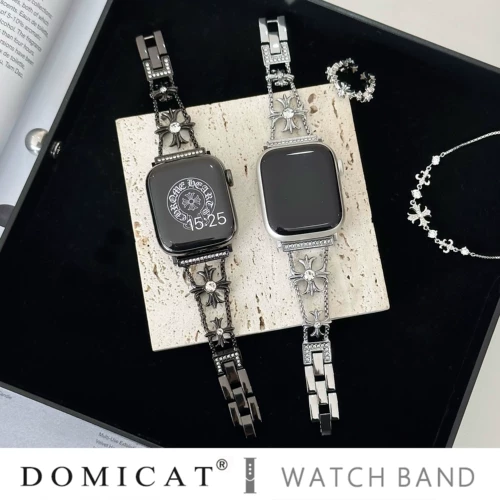 Domicat подходит для applewatch8 apple iwatch9 ремешок из циркона металлический ремешок с крокодиловым сердечником ультра41 мм новый модный браслет SE 6-го поколения стальной ремешок 543 женский универсальный s7