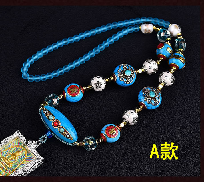 Thai Buddhas Chain Nepal Bronze Pearl Buddha Medal Chain Glazed Pearl Buddha Board With Fur Coat Necklace Blue