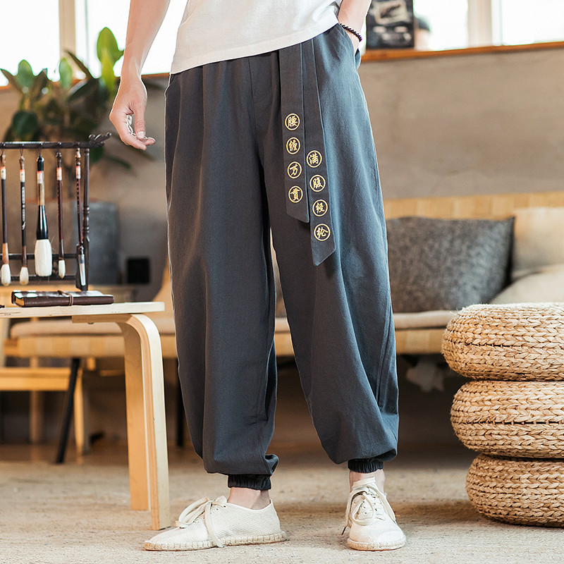 Wide leg pants male loose with large size China Wind China Chaochio casual pants Tangclothing Handclothes Pants Mouth pants Foot Light Cage Pants Spring Autumn