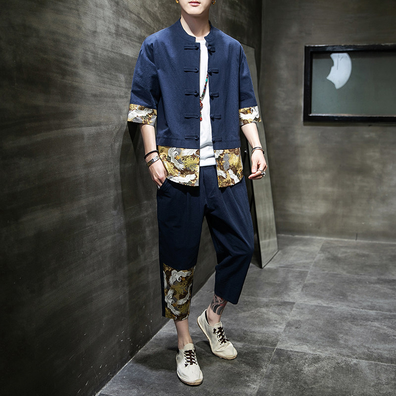 Summer Chinese wind short sleeve suit male student disc button Zhongshan clothing country tide and Tang installed tide card retro Chinese style two sets