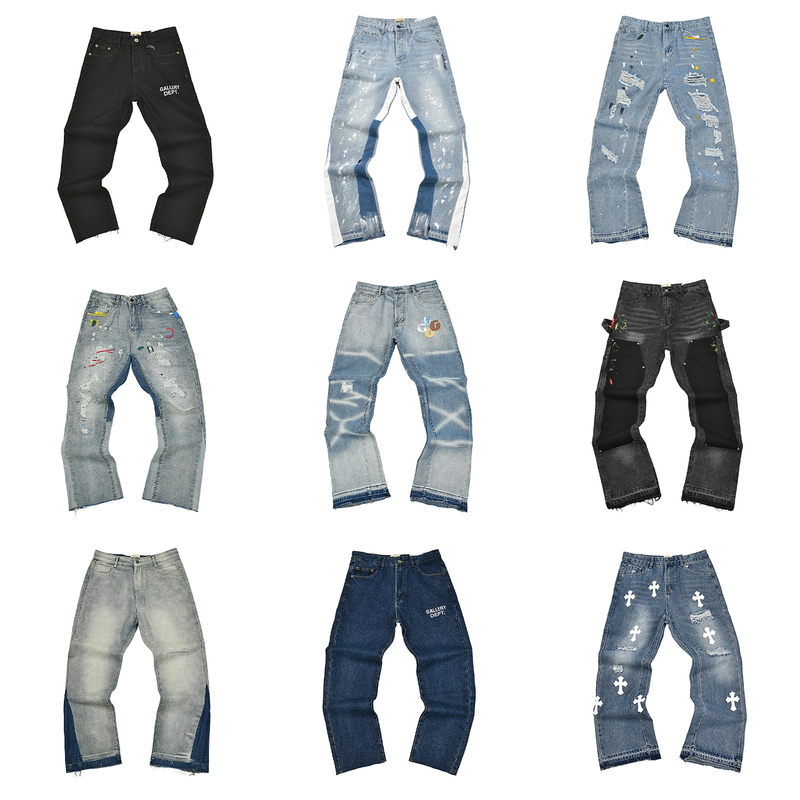 Gallery Dept. Denim Patchwork All-Over Printed Leather Patch Ripped Flared Pants Washed and Distressed Long Jeans ins