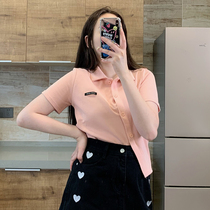 Julu studio slightly fat custom polo shirt careful machine T-shirt womens pink high waist short thin top summer