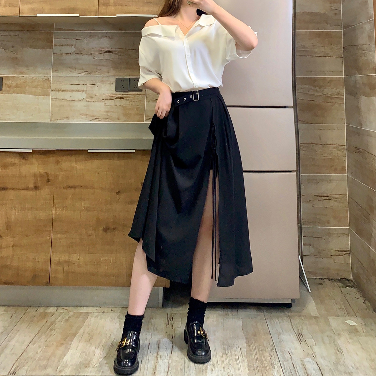 Black skirt women's ins summer new loose and thin irregular slit mid-length A-line skirt