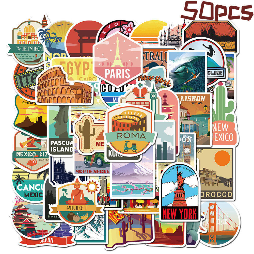 50 Travel City Landmarks London Paris New York Suitcase Notebook Graffiti Style Computer Waterproof Sticker-Taobao