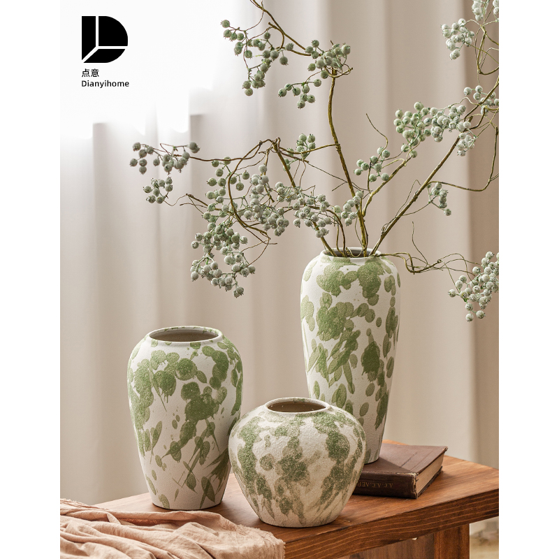 Vase Pendulum pieces Living room Flower Arrangement High level Ceramics Jingdezhen New Chinese retro pottery jar Middle and dry Flower Silence Wind-Taobao