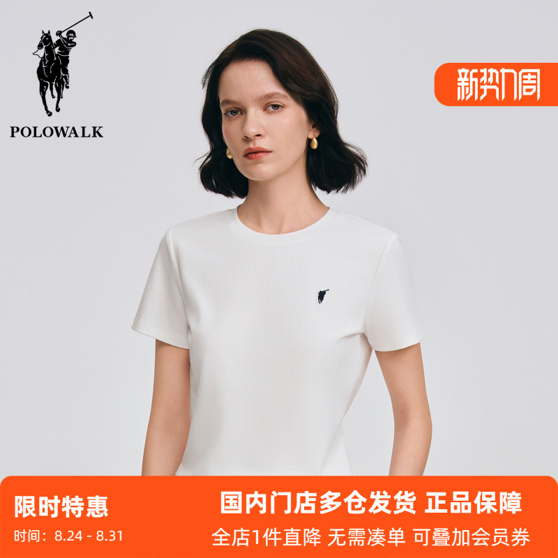 Polowalk Small Logo Embroidered Solid Color Round Neck Short-Sleeve T-Shirt for Women, Paul Summer Classic Casual Regular Shoulder Top