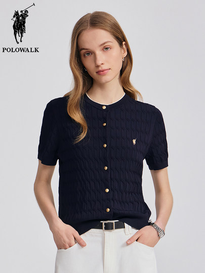 POLOWALK复古绞花短袖针织衫女春夏新款小标气质麻花圆领毛衣开衫