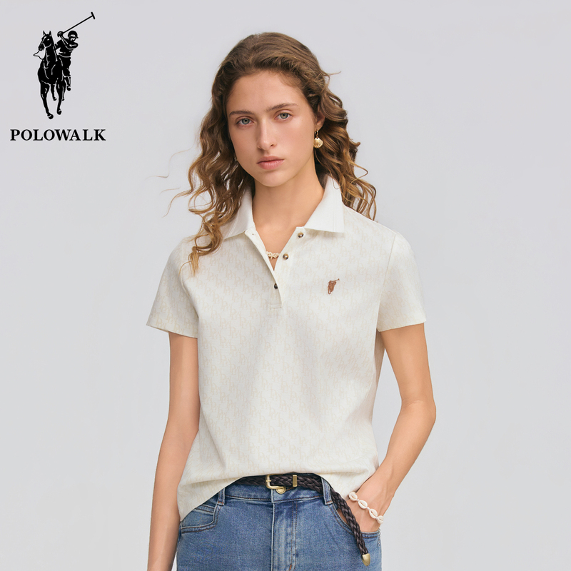 Polowalk Classic All-Over Letter Print Short-Sleeve T-Shirt for Women, New Summer Style, Old Money Style, Commuter Casual Polo Shirt with a Turn-Down Collar
