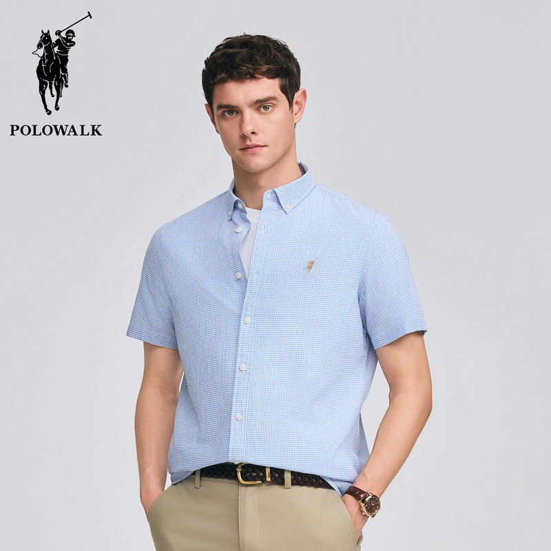 Polowalk Casual Style Plaid Shirt with Lapel for Men, Paul's New Summer Business Embroidered Cotton Short-Sleeved Shirt