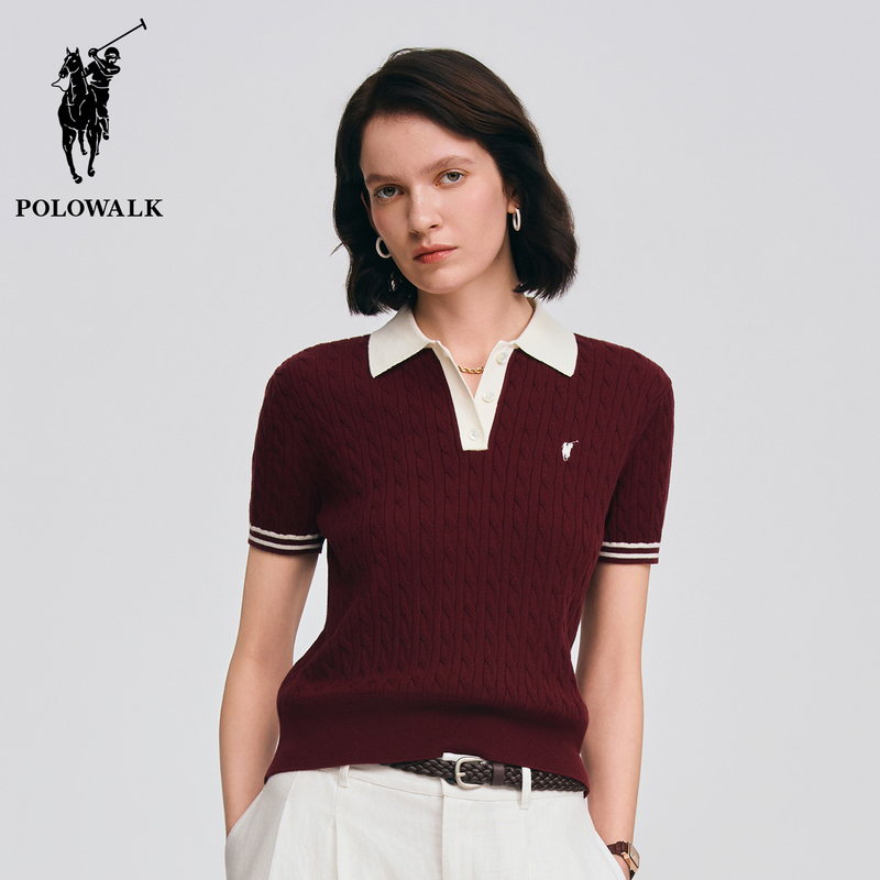 Polowalk Preppy Style Cable Knit Lapel Sweater for Women, New Spring/Summer Color-Blocked Button-Up Short-Sleeve Polo Shirt Polowalk Preppy Style Cable Knit Lapel Sweater for Women, New Spring/Summer Color-Blocked Button-Up Short-Sleeve Polo Shirt