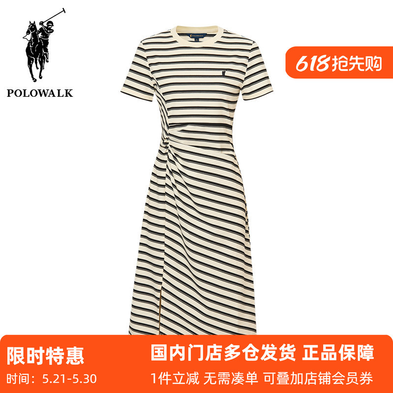 Polowalk Design-Inspired Striped Round-Neck Short-Sleeve Dress for Women, New Summer Style, Pleated Slimming A-Line Midi Dress