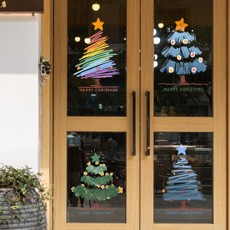 クリスマス装飾サンタツリー窓ステンドグラスドアステッカー新年ショッピングモール店舗レイアウト窓静電気