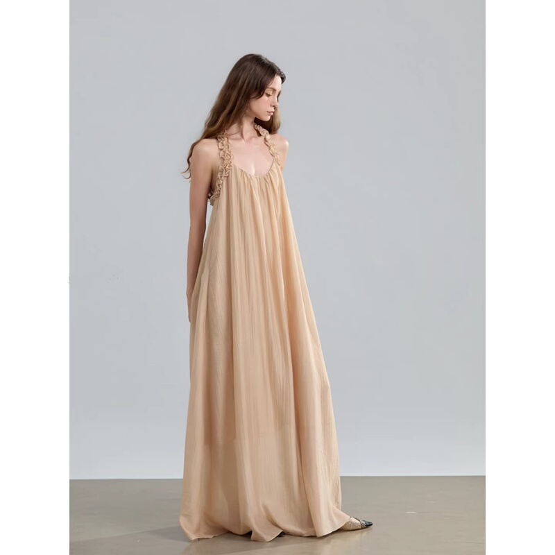French-Greek Style Original Design Romantic Lace Suspender Dress Women's Off-Shoulder Holiday Style Dress Sleeveless Long Dress